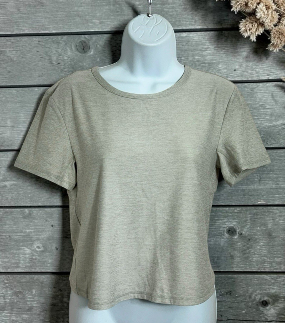 Womens FLX Travel / Leisure Beige Short Sleeve Top Sz Large Athletic Tee Soft